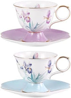 KAMMAK Ceramic Coffee Cups Saucers Set of 2, Porcelain Espresso Cups with Saucers, 8.45 oz Handcrafted Elegant Bone China Tea Cups, Iris Flower & Butterfly Pattern Teacup for Party, Office, Gift by KAMMAK