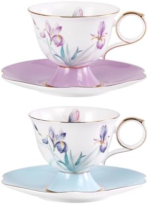 KAMMAK Ceramic Coffee Cups Saucers Set of 2, Porcelain Espresso Cups with Saucers, 8.45 oz Handcrafted Elegant Bone China Tea Cups, Iris Flower & Butterfly Pattern Teacup for Party, Office, Gift by KAMMAK
