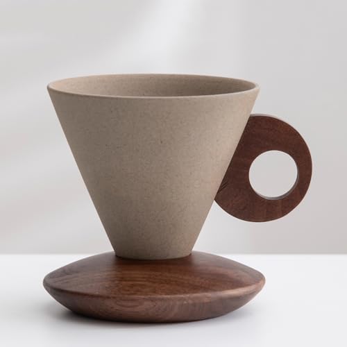 Farm Vintage Funnel Coffee Cups Set 7 Oz Ceramic Latte Mug With Saucer,Khaki Espresso Cups, Cappuccino Cups,Tea Cup with Wooden Saucer and Handle Set CM07 by Unknown