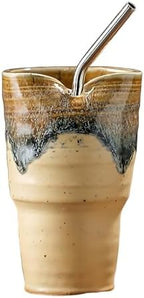 Ceramic Cup with Straw, Vintage Porcelain Coffee Mug, Handmade Mugs for Espresso Latte drink, Handleless, Dishwasher & Microwave Safe, large capacity - 20oz Khaki by Wmazio