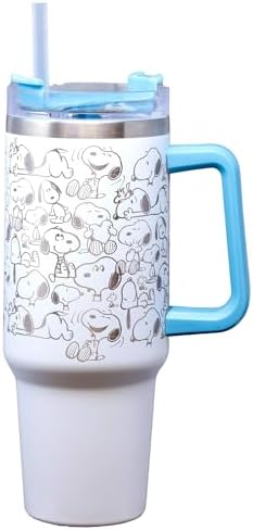 Spoontiques Etched Peanuts Stainless Steel Travel Mug, 40oz - Double Wall Insulation, Sturdy Handle, Sliding Lock Travel Lid - Snoopy by Spoontiques