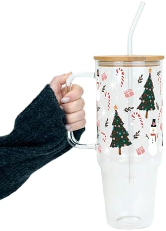 Christmas Sketch Doodle 40oz Glass Tumbler with Lid and Straw by Sip-SipHooray