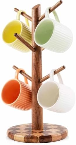 Natural Wood Mug Holder for Counter Top, Acacia Wood Coffee Mug Tree by E-ROOMTREND