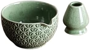 Matcha Set 2/6 Pieces - Green Pattern Tea Bowl, Bamboo Stirrer, Spoon & Filter Traditional Ceremony(2 pieces A) by Unknown