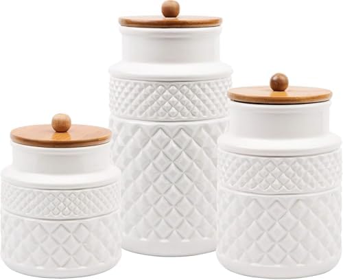Set of 3 White Canisters Embossed Faceted Ceramic, 3 Round Jars with Bamboo Lid and Rubber Gasket for Kitchen - Food Storage. - Image 2