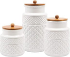 Set of 3 White Canisters Embossed Faceted Ceramic, 3 Round Jars with Bamboo Lid and Rubber Gasket for Kitchen - Food Storage. - Image 2