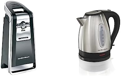 Hamilton Beach (76606ZA) Smooth Touch Electric Automatic Can Opener, Black and Chrome & Electric Tea Kettle, Water Boiler & Heater, 1.7 Liter, Cordless Serving, 1500 Watts, Stainless Steel (40880) by Unknown
