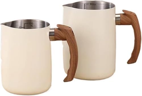 2pcs Stainless Steel Milk Frothing Pitcher Set with Wooden Handle - Precision Scale Latte Art Coffee Mugs (White) by Unknown
