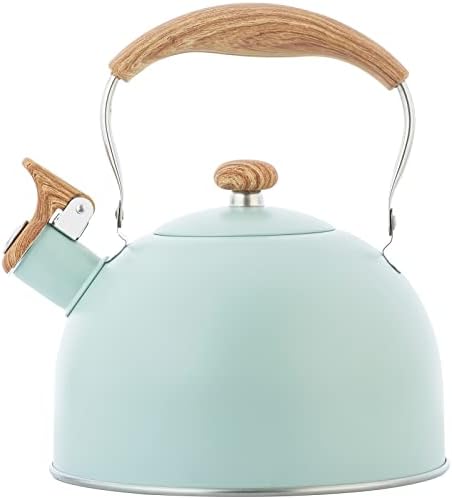 Whistling Stainless Steel Diamond Pattern Tea Kettle with Wood Grain Anti Heat Handle, Stainless Steel Cover Wood Grain Nylon Cover Top Tea Pot (Green) by TEDSWAIT