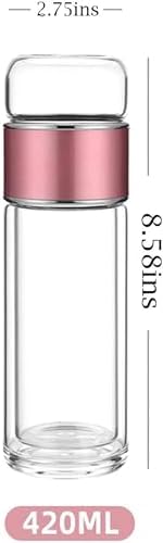 Double Glass Tea Infuser Bottle with Filter & Lid, 3-in-1 Smart Tea Infuser,Portable 3-in-1 Tea Maker for Loose Leaf, Hot or Cold Ready. (Pink,420ml) - Image 2