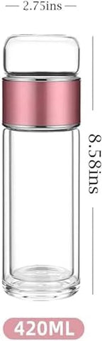 Double Glass Tea Infuser Bottle with Filter & Lid, 3-in-1 Smart Tea Infuser,Portable 3-in-1 Tea Maker for Loose Leaf, Hot or Cold Ready. (Pink,420ml) - Image 2
