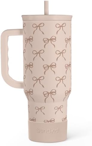 SANDJEST Bow Tumbler with Handle and Straw 40oz – Stainless Sleel Slider Tumbler Travel Coffee Mug for Women - Gift Idea for Birthday Christmas by SANDJEST