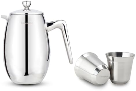 Easyworkz Nando French Press 23 oz, Bundled Stainless Steel Espresso Cup 2pcs Set Double Wall Insulated Metal Demitasse Cups 5 oz by Easyworkz