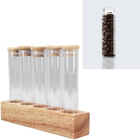 Yosoo Health Gear Coffee Bean Jars Canisters, Glass Coffee Storage Containers with Wood Base, Airtight Single Dose Bean Storage Tubes, Espresso Cellars with Stand (5 Hole) - Image 3