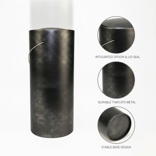 Food Storage Canister with Built-in Scoop, Round Tinplate Metal Jar for Loose Leaf Tea Organization, Black Finish - Image 6