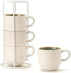 JIEMEI HOME Large Ceramic Coffee Mug Set of 4 with Stand, 15 Oz Stackable Different Embossment Ribbed Latte Cup Set for Cappuccino, Tea, Hot Cocoa, Drinks - Dishwasher & Microwave Safe, White & Green by JHJIEMEIHOME