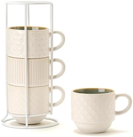 JIEMEI HOME Large Ceramic Coffee Mug Set of 4 with Stand, 15 Oz Stackable Different Embossment Ribbed Latte Cup Set for Cappuccino, Tea, Hot Cocoa, Drinks - Dishwasher & Microwave Safe, White & Green by JHJIEMEIHOME