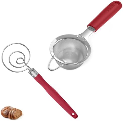 U-Taste 18/8 Stainless Steel 3.35in Medium Fine Mesh Strainer and 12.6in Stainless Steel Danish Dough Whisk (Red) by U-Taste