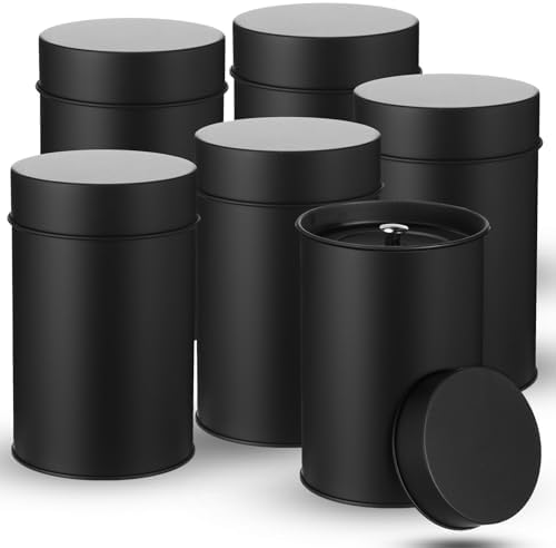 6 Pack Metal Tea Tin Canister with Airtight Double Lids, 16 oz Round Tin Can for Loose Leaf Tea Storage, Reusable Black Food Container for Coffee, Spices, Sugar, Candy, Herbs(black) by Unknown
