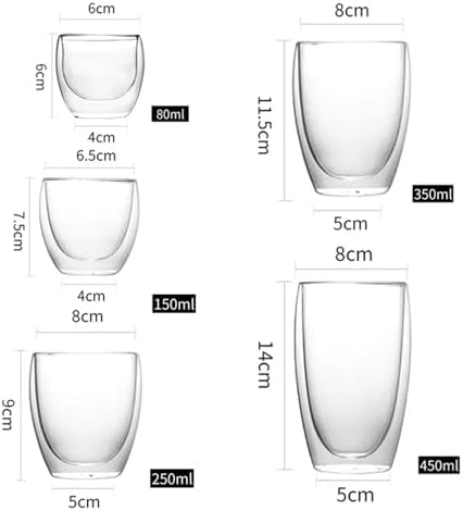 Coffee Mug 5 Sizes 6 Pack Clear Double Wall Glass Coffee Mugs Insulated Layer Cups SetMilk Juice Water Espresso Shot Glass(51-100ml) - Image 6