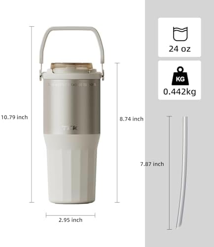 TKK 24 oz Ceramic Coated Tumbler with Straw Lid, 18/10 Stainless Steel Vacuum Leakproof Double Walled Car Cup with Handle & Tea Infuser& Dishwasher Safe, for Hot & Cold Drinks,Porcelain White - Image 2