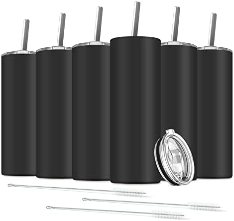 6 Pack Stainless Steel Skinny Tumbler, 20 OZ Double-Insulated Water Tumbler Cup with 6 Straw and 3 Brush, Vacuum Travel Mug Gift for Hot Cold Drinks with Cleaning(Black) by Deitybless