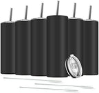 6 Pack Stainless Steel Skinny Tumbler, 20 OZ Double-Insulated Water Tumbler Cup with 6 Straw and 3 Brush, Vacuum Travel Mug Gift for Hot Cold Drinks with Cleaning(Black) by Deitybless