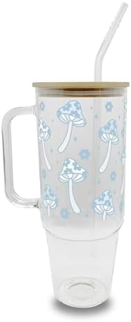 Sip-Sip Hooray! Blue Mushroom Boho 40oz Glass Tumbler with Lid and Straw, Cottagecore Floral Iced Coffee Cup Gift by Sip-SipHooray