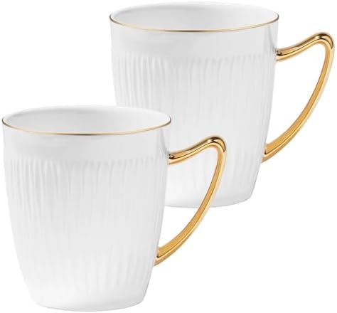 Luxury Bone China Coffee Mug Set of 2, 8oz Lightweight White Fine Bone China Tea Cups with Gold Thin Rim, Over 45% Bone Content Porcelain Ceramic Thin Mugs for Espresso Latte Mocha Freezer Safe by HeartWaxBeadsforSensitiveSkin%EF%BC%86FullBodyand45contentFineBoneChina