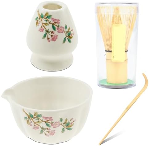 Ceramic matcha agitator, Matcha Whisk and Bowl Tea Set 4Pcs Elegant Cup Includes Holder Kitchen Tadget for Lovers(White) by Unknown