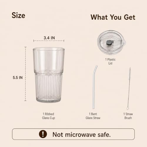 16oz/470ml Ribbed Glass Iced Coffee Tumbler with Lid and Straw, Thick-walled Clear Drinking Glass Cups for Cold Brew, Matcha, Smoothies, Leak-Resistant BPA-Free Travel Mug-4pack - Image 6
