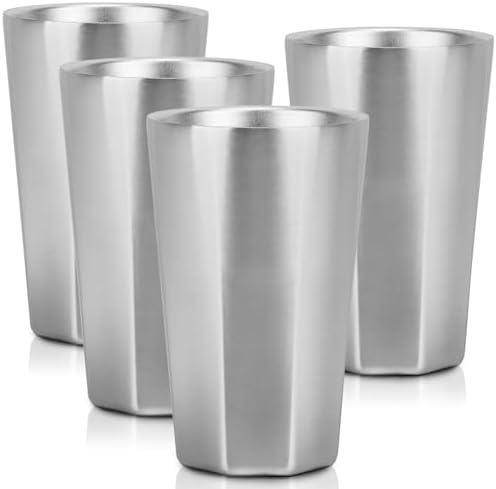 Beasea Stainless Steel Cups 15 oz, 4 Pack Large Stackable Double Wall Insulated Stainless Steel Tumbler Bulk for Drinking Metal Pint Glasses Tin Cups Home Restaurant Office Party Camping by Beasea