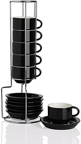 Sweejar Porcelain Espresso Cup & Saucer Set, Stackable Demitasse Cups with Metal Stand, 2.5 OZ for Latte,Coffee,Cafe Mocha,Tea, Set of 6 (Black) by Sweejarco1949