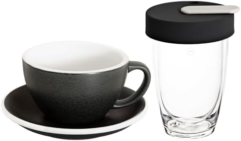 Loveramics Set of 1 x 300ml Latte Art Cup and Saucer (Anthracite) + Glass Travel Mug (Clear) by LoveramicsUSA