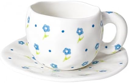 10oz Hand-Painted Ceramic Cup and Saucer Set, Cute Floral Print Coffee Mug with Handle, Porcelain Tea Cup for Office, Home, Kitchen, for Coffee Lovers by HDJNal