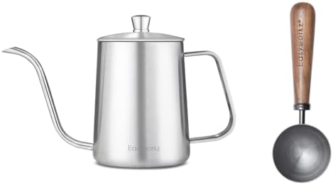 Easyworkz Gage Gooseneck Pour Over Coffee Kettle 12 oz, Silver, Bundled with Easyworkz Retro Stainless Steel Coffee Spoon With Black Walnut Handle,10g - Measuring Spoon (Gunmetal) by Easyworkz
