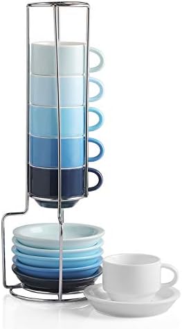 Sweejar Porcelain Espresso Cup & Saucer Set, Stackable Demitasse Cups with Metal Stand, 2.5 OZ for Latte,Coffee,Cafe Mocha,Tea, Set of 6(Blue) by Sweejarco1949