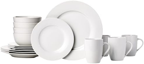 Amazon Basics 16-Piece Porcelain Dinnerware Set, Microwave and Dishwasher Safe, Service for 4, Plates, Bowls and Mugs, White by AmazonBasics