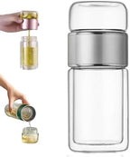 3-in-1 Smart Tea Infuser Bottle, Double Wall Glass Tea Cup with Removable Strainer, Leak-Proof Portable Loose Leaf Tea Maker, Separation Design for Office, Travel & Home (Silver, 420ML) by Unknown