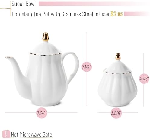 BTaT- Classic tea set, 13 pcs, Tea Cups (7oz), Tea Pot with Stainless Steel Infuser (32oz), Creamer and Sugar Set, Porcelain Tea Set, White Tea Set, Tea Pot Sets with Cups - Image 2