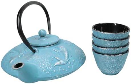 Ebros Gift Oriental Tetsubin Traditional Cast Iron Tea Pot With 4 Cups And Strainer Set 27oz Enameled Interior Home Decor Asian Living Gift And Housewarming (Turquoise Blue Auspicious Koi Fishes) - Image 2