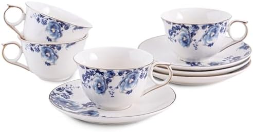 Ceramic Flora Cups with Saucers，5oz Espresso Cups for Latte Coffee Cafe, Specialty Coffee Drinks, Cappuccino and Tea (Blue Flower) by Unknown