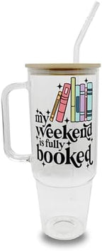 Sip-Sip Hooray! My Weekend Is Fully Booked 40oz Glass Tumbler with Handle, Lid and Straw, Book Lover Gift for Reader, Booktok Iced Coffee Cup by Sip-SipHooray