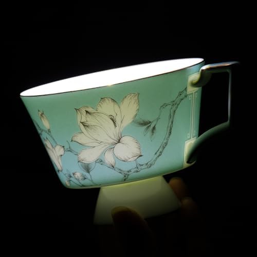 KAMMAK Ceramic Coffee Cups Saucers Set of 2, Porcelain Espresso Cups with Saucers, 8.12 oz Handcrafted Elegant Bone China Tea Cups, Blue & Sage Green Flower Teacup for Party, Office, Women Gift - Image 5