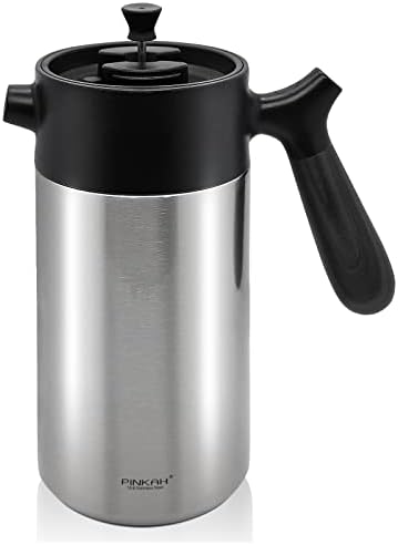 French Press Coffee Maker-32oz Insulated Coffee Press with Wood Grain Handle- Large Capacity, Tea, Espresso & Cold Brew, Stainless Steel by PINKAH