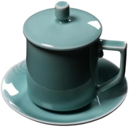 Handcrafted blue porcelain tea cup set - 14 ounces, with lid and tea saucer by HistoricalidLPPCceladon