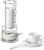 MALACASA 2.5 OZ Espresso Cups Set of 4, Porcelain Stackable Coffee Cups with Saucers, Spoons and Metal Stand, Demitasse Mugs Cappuccino Cups, Espresso Accessories for Machine by MALACASA