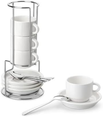 MALACASA 2.5 OZ Espresso Cups Set of 4, Porcelain Stackable Coffee Cups with Saucers, Spoons and Metal Stand, Demitasse Mugs Cappuccino Cups, Espresso Accessories for Machine by MALACASA