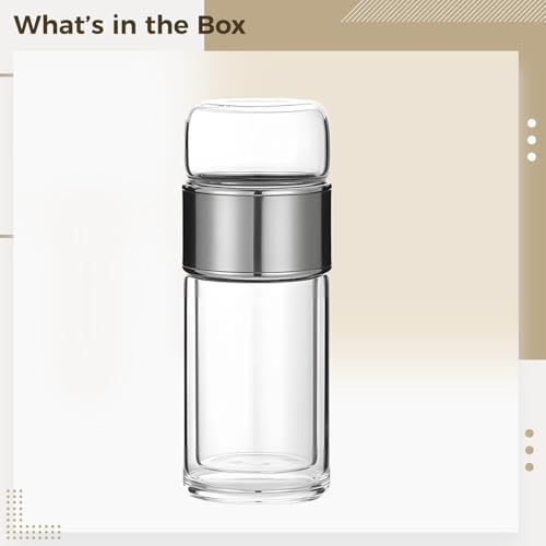 Tea Infuser Bottle, Double Wall Glass Travel Mug, Loose Leaf Tea Strainer Cup, Glass Water Tea Tumbler, Silver, 11.8 oz, Heat Safe for Home and Office, Hot and Cold Drinks - Image 4