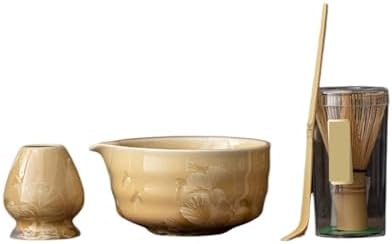 1-8PCS Glaze Matcha TeaSet With Strainer Spoon Bowl Reusable Whisk Holder Set(4PCS-YE) by Unknown